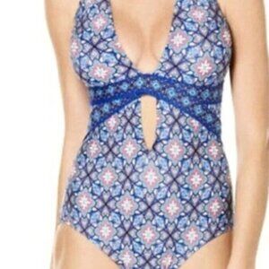 Jantzen Coastal Zone Talavera One Piece Swimsuit Sz M Blue Geometric